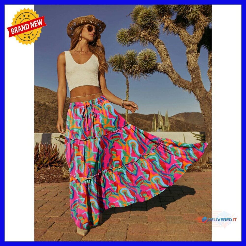 High Waist Maxi Skirt with Pockets, Polyester, Flowy Festival Wear - Picture 6 of 7